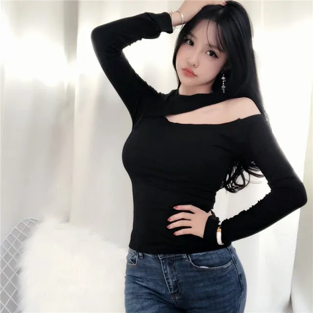 Spring Sexy Elastic Korean Style Turtlenck Off Shoulder Long Sleeve