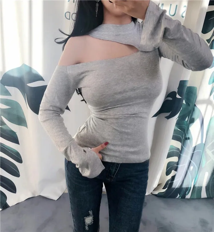 Spring Sexy Elastic Korean Style Turtlenck Off Shoulder Long Sleeve