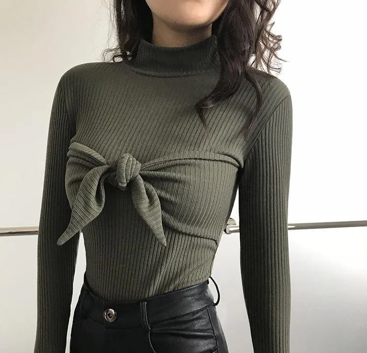 Stand Collar Ribbed Knot Bow Chest Slim Blouse