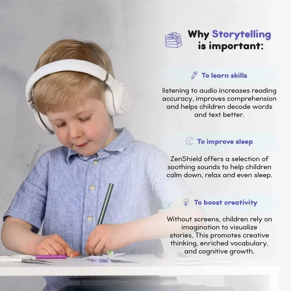 StoryPhones Storytelling Bluetooth Wireless Kids Headphones Intro Bundle with ZenDisk and PlayShield - Gray