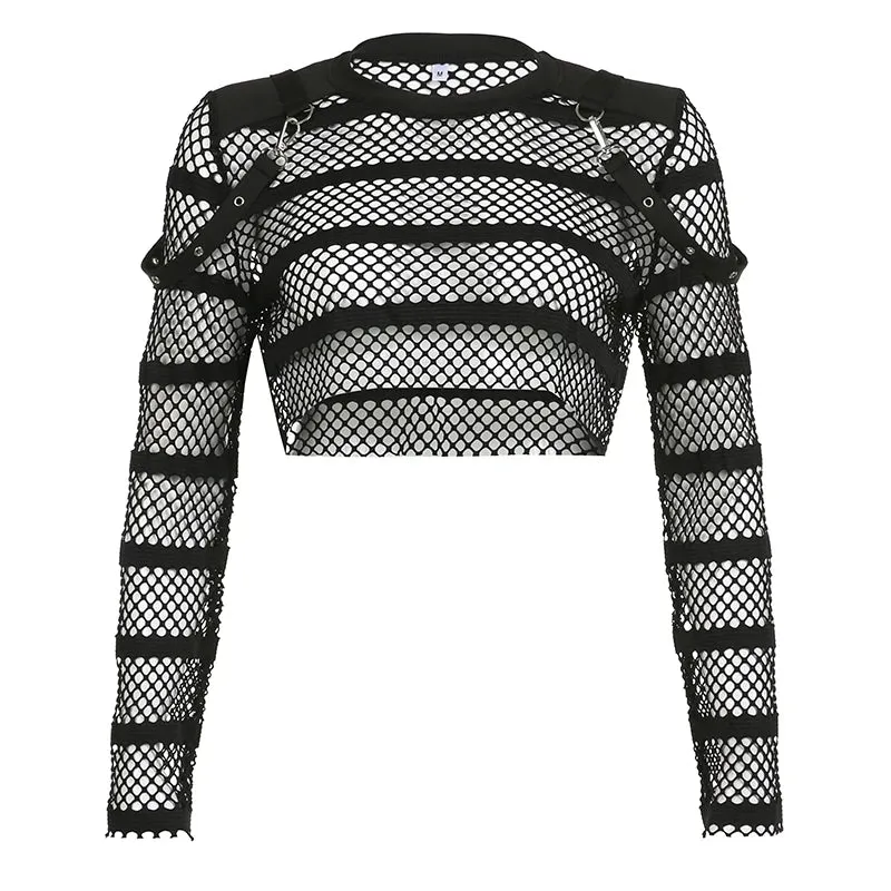 Streetwear Gothic Punk Style Fishnet Top Smock Summer T shirt Women Buckle See Through Pullover Dark Academia Shirts