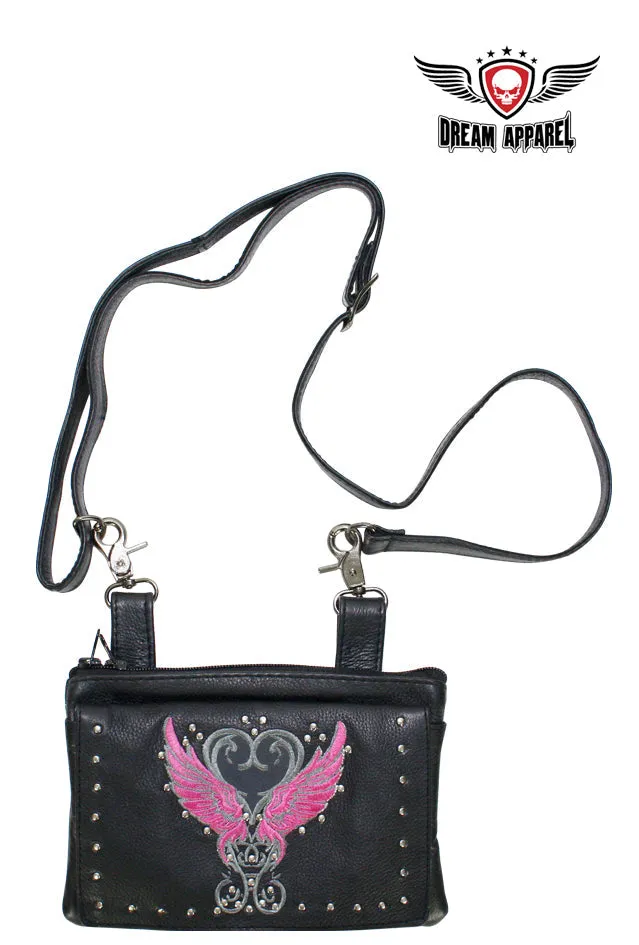 Studded Naked Cowhide Leather Belt Bag with Pink Wings