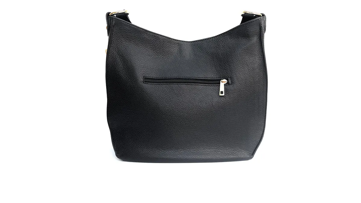 The Harriet Black Leather Bag With Grey Leopard Strap