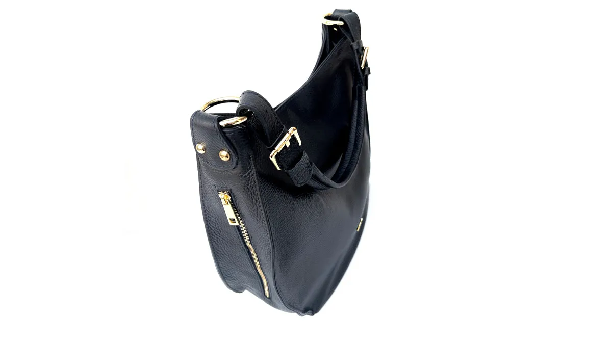 The Harriet Black Leather Bag With Grey Leopard Strap