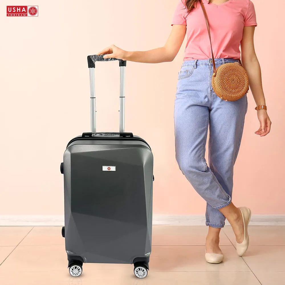 USHA SHRIRAM ABS (Cabin Bag) 20 inch Black Luggage Bag (55cm)|Trolley Suitcase for Travel | Travel Luggage for Men Women |360 Degree Wheel | Travel Bags for Luggage Trolley | Carry On Suitcase (Grey)