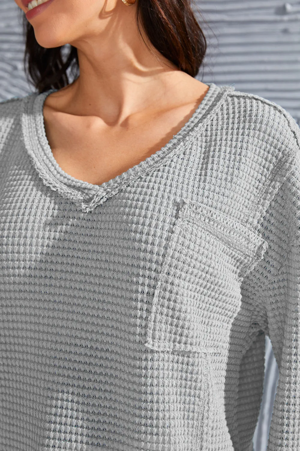 Waffle-Knit V-Neck Blouse with Breast Pocket