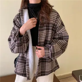 Warm Women Plaid Shirt Winter Thick Velvet Lining Loose Long Sleeve Ladies Blouse Turn Down Collar Vintage Blusas