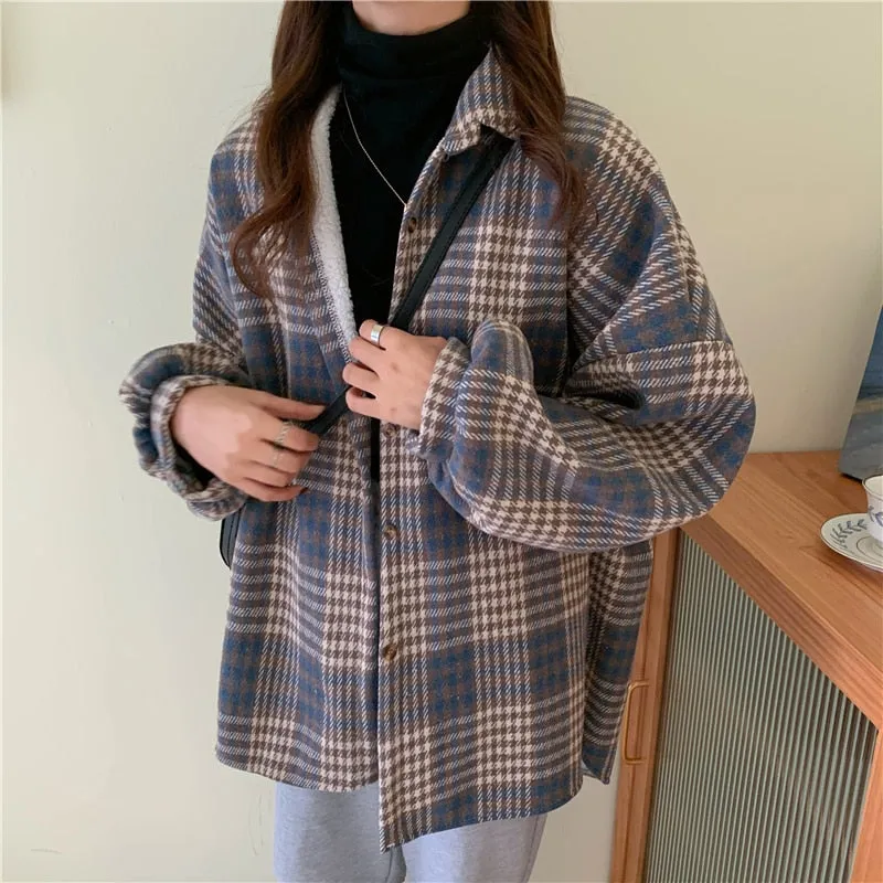 Warm Women Plaid Shirt Winter Thick Velvet Lining Loose Long Sleeve Ladies Blouse Turn Down Collar Vintage Blusas