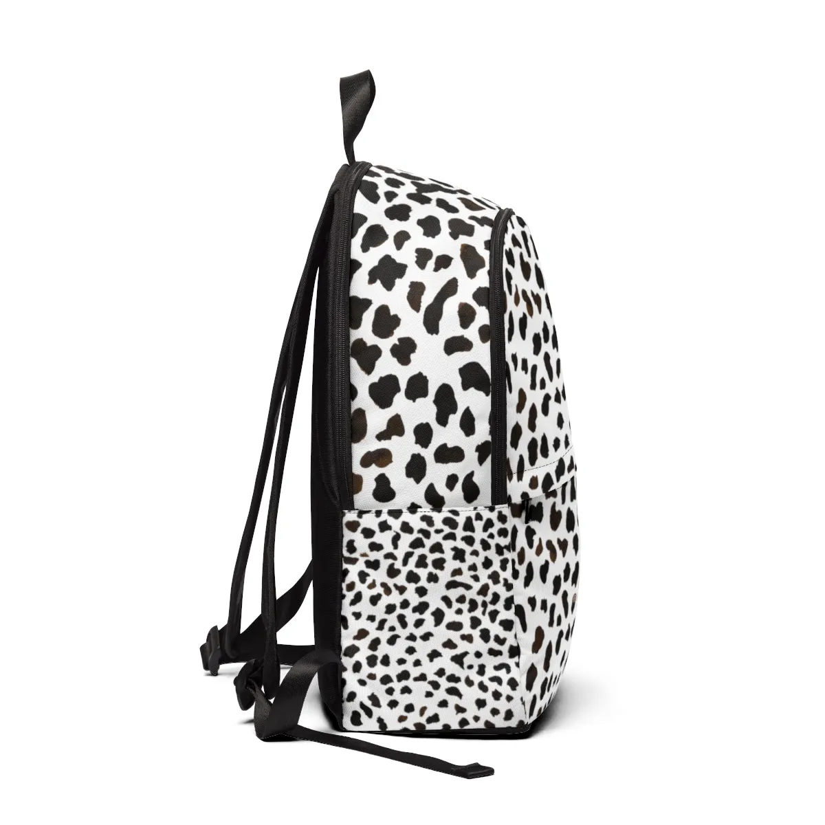 White Cow Print Backpack, Moo Cow Animal Print Designer Unisex Fabric School Travel Bag