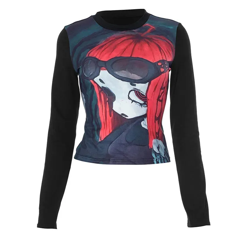 Y2k Graphic Tee Harajuku Anime Print Black T Shirts for Woman Long Sleeve Tops Womens Gothic Clothing P85-AI16