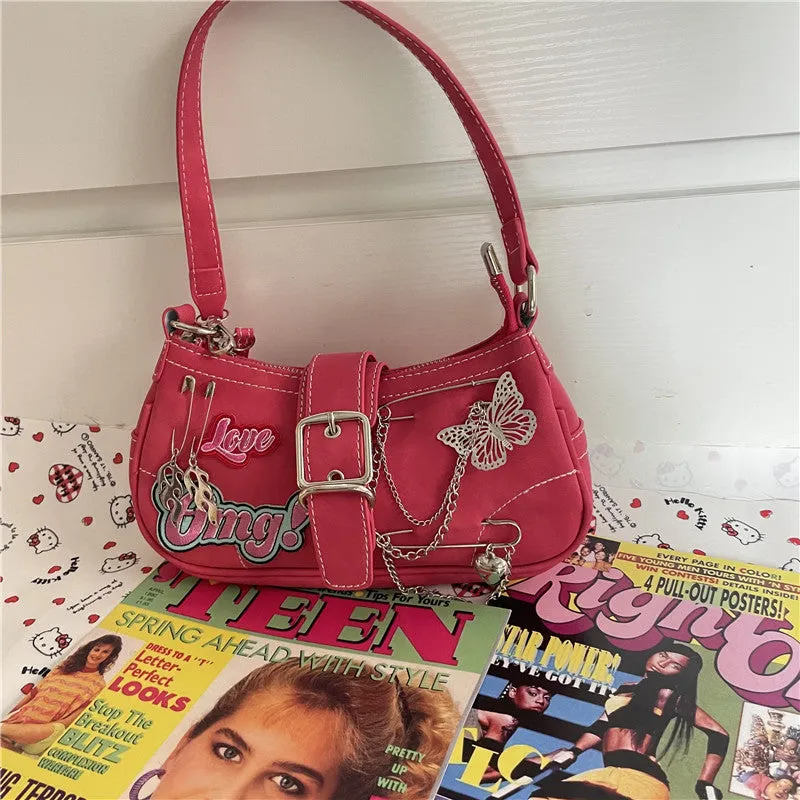 Y2K Sweet & Cool Pink Red Metal Chains Messenger Bag